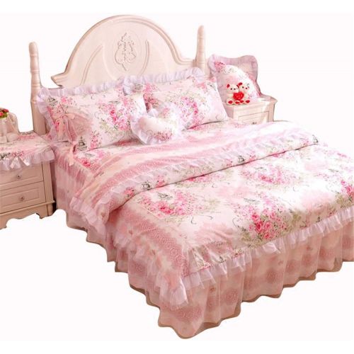  LELVA Girls Bedding Set Lace Ruffle Duvet Cover Sets with Bed Skirt Princess Bedding Set Vintage Floral Print Duvet Cover King Size 4 Piece (King, White)