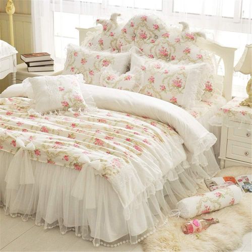  LELVA Girls Bedding Set Lace Ruffle Duvet Cover Sets with Bed Skirt Princess Bedding Set Vintage Floral Print Duvet Cover King Size 4 Piece (King, White)