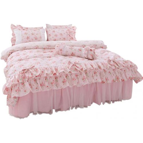  LELVA Girls Bedding Set Lace Ruffle Duvet Cover Sets with Bed Skirt Princess Bedding Set Vintage Floral Print Duvet Cover King Size 4 Piece (King, White)