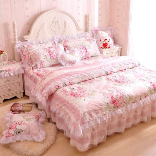  LELVA Girls Bedding Set Lace Ruffle Duvet Cover Sets with Bed Skirt Princess Bedding Set Vintage Floral Print Duvet Cover King Size 4 Piece (King, White)