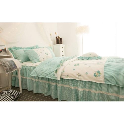  LELVA Girls Bedding Set Lace Ruffle Duvet Cover Sets with Bed Skirt Princess Bedding Set Vintage Floral Print Duvet Cover King Size 4 Piece (King, White)