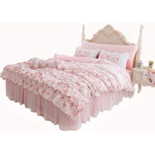  LELVA Girls Bedding Set Lace Ruffle Duvet Cover Sets with Bed Skirt Princess Bedding Set Vintage Floral Print Duvet Cover King Size 4 Piece (King, White)