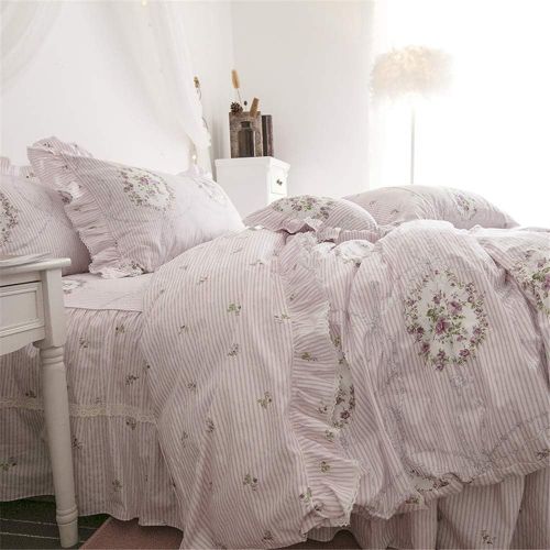  LELVA Girls Bedding Set Lace Ruffle Duvet Cover Sets with Bed Skirt Princess Bedding Set Vintage Floral Print Duvet Cover King Size 4 Piece (King, White)