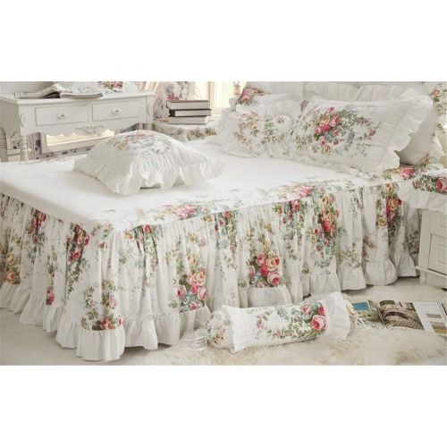  LELVA Girls Bedding Set Lace Ruffle Duvet Cover Sets with Bed Skirt Princess Bedding Set Vintage Floral Print Duvet Cover King Size 4 Piece (King, White)