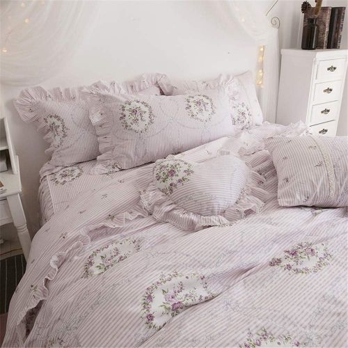  LELVA Girls Bedding Set Lace Ruffle Duvet Cover Sets with Bed Skirt Princess Bedding Set Vintage Floral Print Duvet Cover King Size 4 Piece (King, White)