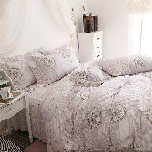  LELVA Girls Bedding Set Lace Ruffle Duvet Cover Sets with Bed Skirt Princess Bedding Set Vintage Floral Print Duvet Cover King Size 4 Piece (King, White)