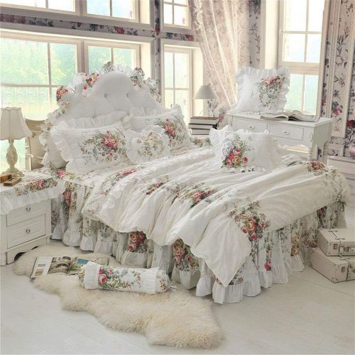  LELVA Girls Bedding Set Lace Ruffle Duvet Cover Sets with Bed Skirt Princess Bedding Set Vintage Floral Print Duvet Cover King Size 4 Piece (King, White)