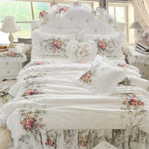  LELVA Girls Bedding Set Lace Ruffle Duvet Cover Sets with Bed Skirt Princess Bedding Set Vintage Floral Print Duvet Cover King Size 4 Piece (King, White)