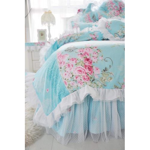  LELVA Girls Bedding Set Lace Ruffle Duvet Cover Sets with Bed Skirt Princess Bedding Set Vintage Floral Print Duvet Cover King Size 4 Piece (King, White)