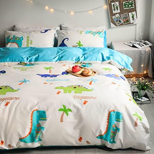  LELVA Cartoon Dinosaur Duvet Cover Set with Fitted Sheet 4 Piece Kids Bedding for Boys King Comforter Cover Set: Bedding & Bath