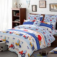 LELVA Kids Bedding Set Queen Duvet Cover Set for Boys Cotton Boys Truck Print Bedding Flat Sheets 4 Piece