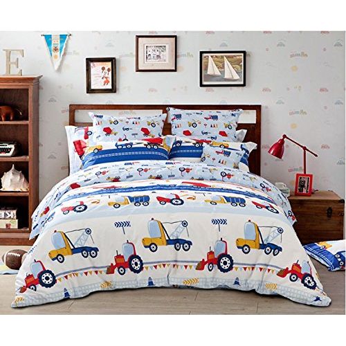  LELVA Kids Bedding Set Queen Duvet Cover Set for Boys Cotton Boys Truck Print Bedding Flat Sheets 4 Piece