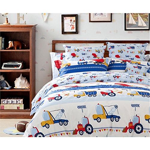  LELVA Kids Bedding Set Queen Duvet Cover Set for Boys Cotton Boys Truck Print Bedding Flat Sheets 4 Piece