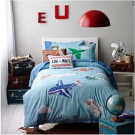 LELVA Cartoon Airplane Embroidery Patterns Cotton Bedding Set, Childrens Duvet Cover Set, Around The World, Bedding for Boys, Twin Full Queen Size (Twin)