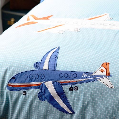  LELVA Cartoon Airplane Embroidery Patterns Cotton Bedding Set, Childrens Duvet Cover Set, Around The World, Bedding for Boys, Twin Full Queen Size (Twin)