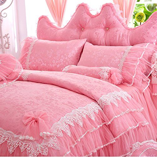  LELVA Girls Bedding Set Ruffle Lace Bedding Set Bedding Set Beautiful Princess Wedding Bedding Set (Twin, Pink)