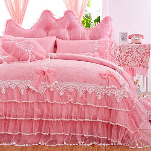  LELVA Girls Bedding Set Ruffle Lace Bedding Set Bedding Set Beautiful Princess Wedding Bedding Set (Twin, Pink)