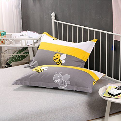  LELVA Cartoon Kids Bedding for Boys and Girls Duvet Cover Set Baby Bedding 4 Piece Cotton Bee Print Bedding Yellow (Queen, Fitted Sheet Set)