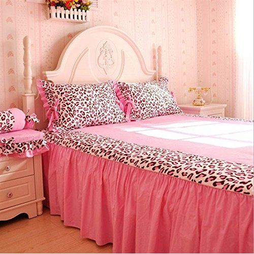  LELVA Pink Leopard Print Princess Bedding Sets, Cotton Ruffle Bedding Set, Bedding Sets Korea, Bedding for Girls, Bed Skirt Design,Twin/Full/Queen/King Size (Twin)