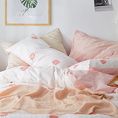  LELVA 3 Piece Twin Girls Bedding Cotton Stripe Duvet Cover Set Reversible Strawberry Print Quilt/Comforter Cover Set White and Pink