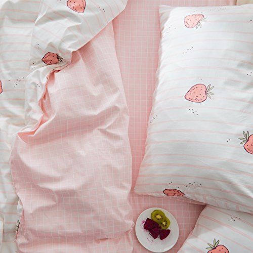  LELVA 3 Piece Twin Girls Bedding Cotton Stripe Duvet Cover Set Reversible Strawberry Print Quilt/Comforter Cover Set White and Pink