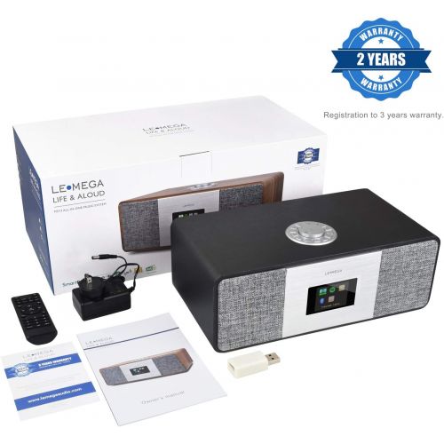  LEMEGA MSY3 Music System,WiFi Internet Radio,FM Digital Radio,Spotify Connect,Bluetooth Speaker,Stereo Sound,Wooden Box,Headphone-Out,Alarms Clock,40 Pre-Sets,Full Remote and App C