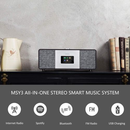  LEMEGA MSY3 Music System,WiFi Internet Radio,FM Digital Radio,Spotify Connect,Bluetooth Speaker,Stereo Sound,Wooden Box,Headphone-Out,Alarms Clock,40 Pre-Sets,Full Remote and App C