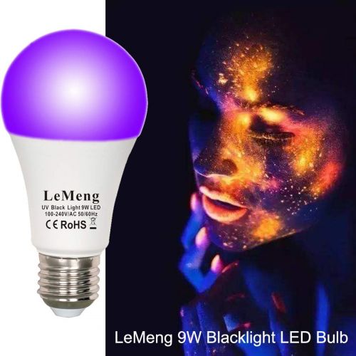  LeMeng LED Black Lights Bulb 9W Blacklight A19(75Watt Equivalent), E26 Medium Base 120V, UVA Level 395-400nm, Glow in The Dark for Blacklights Party, Body Paint, Fluorescent Poster