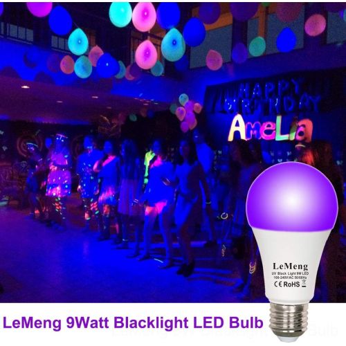 LeMeng LED Black Lights Bulb 9W Blacklight A19(75Watt Equivalent), E26 Medium Base 120V, UVA Level 395-400nm, Glow in The Dark for Blacklights Party, Body Paint, Fluorescent Poster