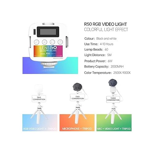  LENSGO R50 RGB Video Lights, Portable LED on Camera Light 360°Full Color for RGB Photography Lighting with 3 Cold Shoe, 2000mAh Rechargeable CRI 2500-9000K Dimmable LED Panel Lamp (White)