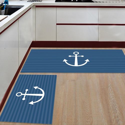  LEO BON Striped,White Anchor Stripes Backdrop Non-Slip Rubber Welcome Mats Floor Rug for Kitchen/Bathroom/Front Entryway, Set of 2-19.7x31.5in+19.7x63in