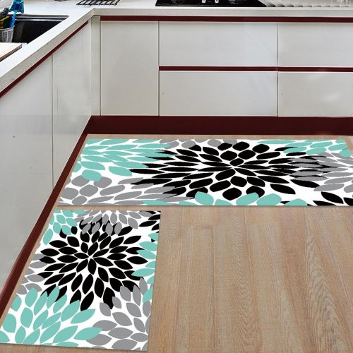  LEO BON Geometric Flowers Artwork Non-Slip Rubber Welcome Mats Floor Rug for Kitchen/Bathroom/Front Entryway, Set of 2-15.7x23.6in+15.7x47.2in