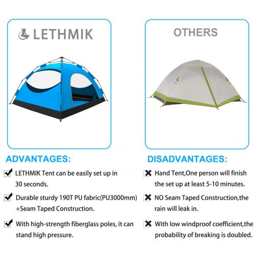  LETHMIK Backpacking Tent, Instant Automatic pop up Tent, 2-3 Person, Waterproof Lightweight Double Layer Camping Tent for Outdoor Hunting, Hiking, Climbing, Travel