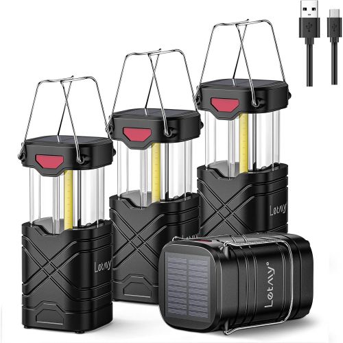  LETMY 4 Pack Camping Lantern, Rechargeable LED Lanterns, Solar Lantern Battery Powered Hurricane Lantern Flashlights with 3 Powered Ways & USB Cable for Emergency, Power Outage, Hu