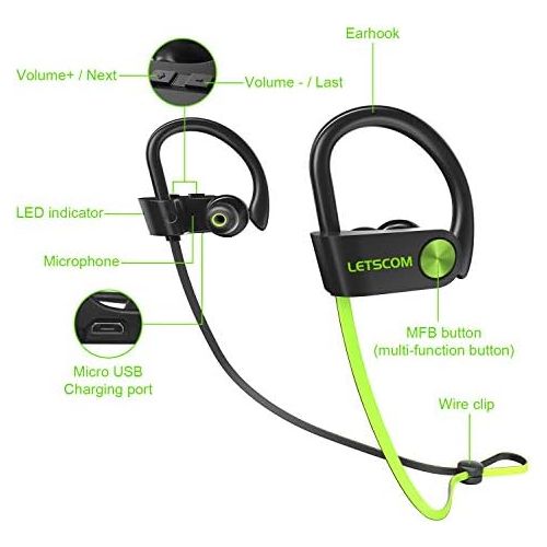  [아마존베스트]LETSCOM Bluetooth Headphones IPX7 Waterproof, Wireless Sport Earphones Bluetooth 4.1, HiFi Bass Stereo Sweatproof Earbuds w/Mic, Noise Cancelling Headset for Workout, Running, Gym,