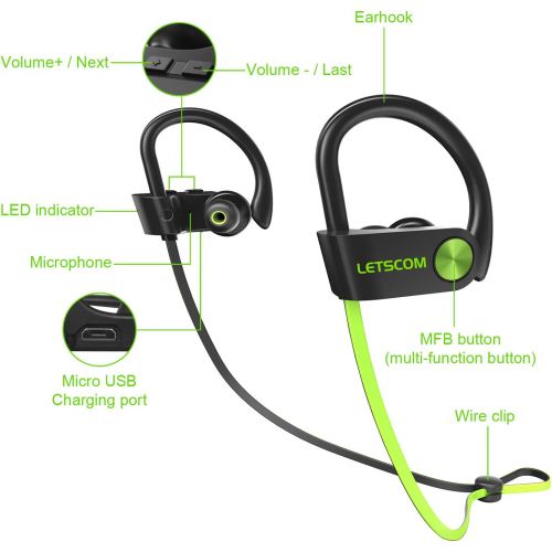  [아마존베스트]LETSCOM Bluetooth Headphones IPX7 Waterproof, Wireless Sport Earphones Bluetooth 4.1, HiFi Bass Stereo Sweatproof Earbuds w/Mic, Noise Cancelling Headset for Workout, Running, Gym,