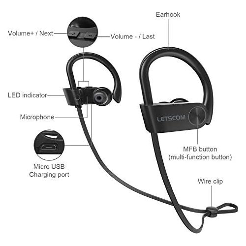  [아마존베스트]LETSCOM Bluetooth Headphones IPX7 Waterproof, Wireless Sport Earphones Bluetooth 4.1, HiFi Bass Stereo Sweatproof Earbuds w/Mic, Noise Cancelling Headset for Workout, Running, Gym,