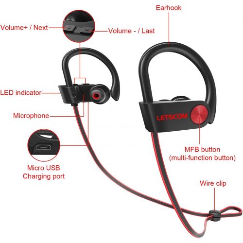  [아마존베스트]LETSCOM Bluetooth Headphones IPX7 Waterproof, Wireless Sport Earphones Bluetooth 4.1, HiFi Bass Stereo Sweatproof Earbuds w/Mic, Noise Cancelling Headset for Workout, Running, Gym,