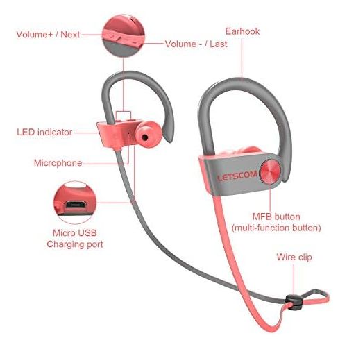  [아마존베스트]LETSCOM Bluetooth Headphones IPX7 Waterproof, Wireless Sport Earphones Bluetooth 4.1, HiFi Bass Stereo Sweatproof Earbuds w/Mic, Noise Cancelling Headset for Workout, Running, Gym,