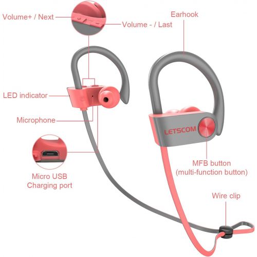  [아마존베스트]LETSCOM Bluetooth Headphones IPX7 Waterproof, Wireless Sport Earphones Bluetooth 4.1, HiFi Bass Stereo Sweatproof Earbuds w/Mic, Noise Cancelling Headset for Workout, Running, Gym,