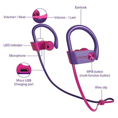  [아마존베스트]LETSCOM Bluetooth Headphones IPX7 Waterproof, Wireless Sport Earphones Bluetooth 4.1, HiFi Bass Stereo Sweatproof Earbuds w/Mic, Noise Cancelling Headset for Workout, Running, Gym,