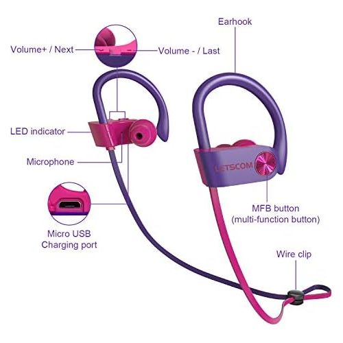  [아마존베스트]LETSCOM Bluetooth Headphones IPX7 Waterproof, Wireless Sport Earphones Bluetooth 4.1, HiFi Bass Stereo Sweatproof Earbuds w/Mic, Noise Cancelling Headset for Workout, Running, Gym,