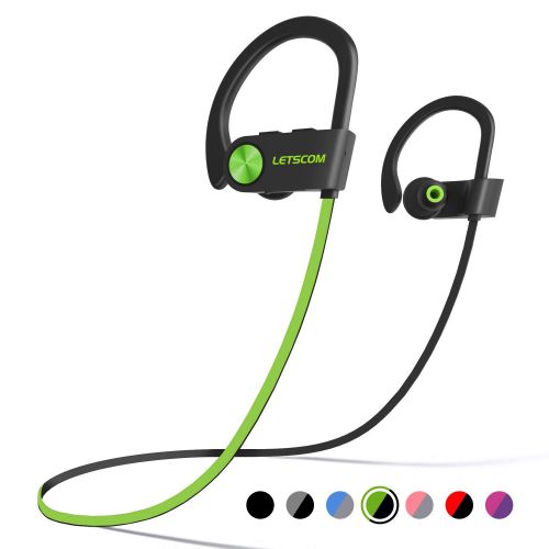  LETSCOM Bluetooth Headphones IPX7 Waterproof, Wireless Sport Earphones, HiFi Bass Stereo Sweatproof Earbuds w/Mic, Noise Cancelling Headset for Workout, Running, Gym, 8 Hours Play