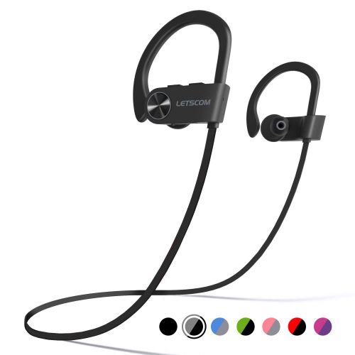  LETSCOM Bluetooth Headphones IPX7 Waterproof, Wireless Sport Earphones, Hifi Bass Stereo Sweatproof Earbuds W/Mic, Noise Cancelling Headset for Workout, Running, Gym, 8 Hours Play