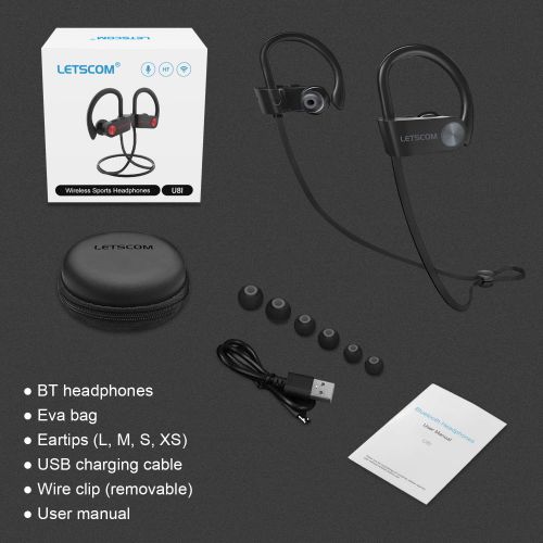  LETSCOM Bluetooth Headphones IPX7 Waterproof, Wireless Sport Earphones, Hifi Bass Stereo Sweatproof Earbuds W/Mic, Noise Cancelling Headset for Workout, Running, Gym, 8 Hours Play