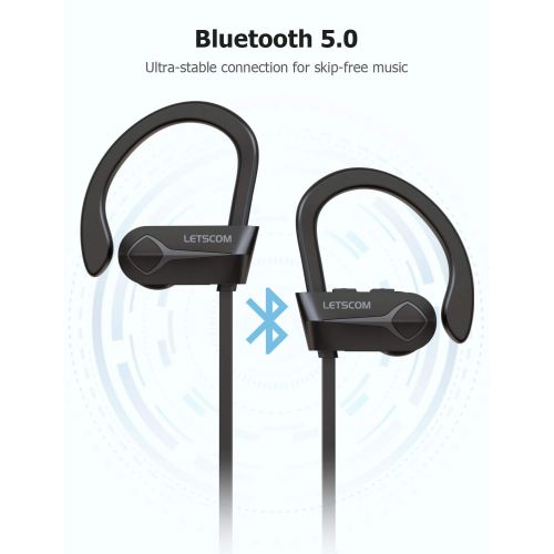  Letscom Bluetooth Headphones, 15Hrs Playtime Wireless 5.0 Earbuds IPX7 Waterproof Sport Running in-Ear Headsets w/Mic Stereo Sound Noise Cancelling