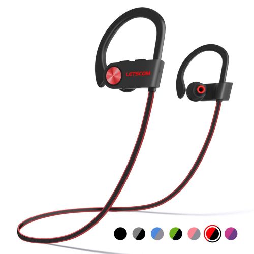  LETSCOM Bluetooth Headphones IPX7 Waterproof, Wireless Sport Earphones, HiFi Bass Stereo Sweatproof Earbuds w/Mic, Noise Cancelling Headset for Workout, Running, Gym, 8 Hours Play