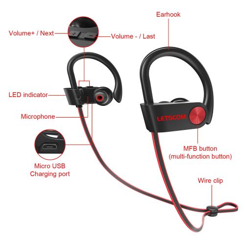  LETSCOM Bluetooth Headphones IPX7 Waterproof, Wireless Sport Earphones, HiFi Bass Stereo Sweatproof Earbuds w/Mic, Noise Cancelling Headset for Workout, Running, Gym, 8 Hours Play