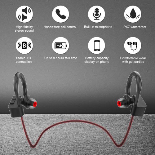  LETSCOM Bluetooth Headphones IPX7 Waterproof, Wireless Sport Earphones, HiFi Bass Stereo Sweatproof Earbuds w/Mic, Noise Cancelling Headset for Workout, Running, Gym, 8 Hours Play