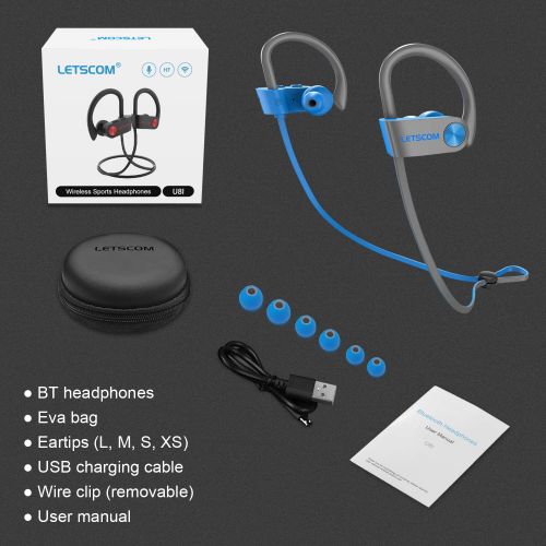  LETSCOM Bluetooth Headphones IPX7 Waterproof, Wireless Sport Earphones, Hifi Bass Stereo Sweatproof Earbuds W/Mic, Noise Cancelling Headset for Workout, Running, Gym, 8 Hours Play